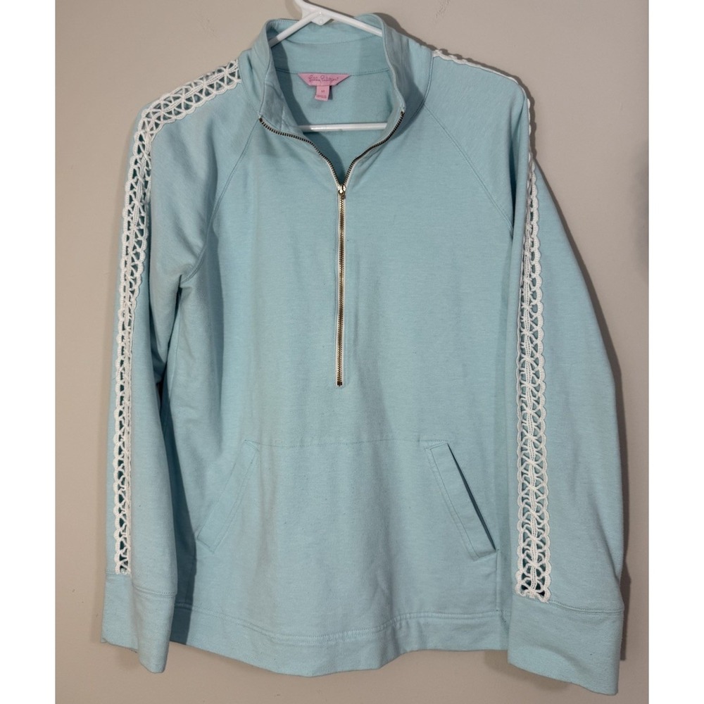 Lilly Pulitzer‎ Top Women's M Skipper Popover Lace Sleeve Blue Preppy Nautical